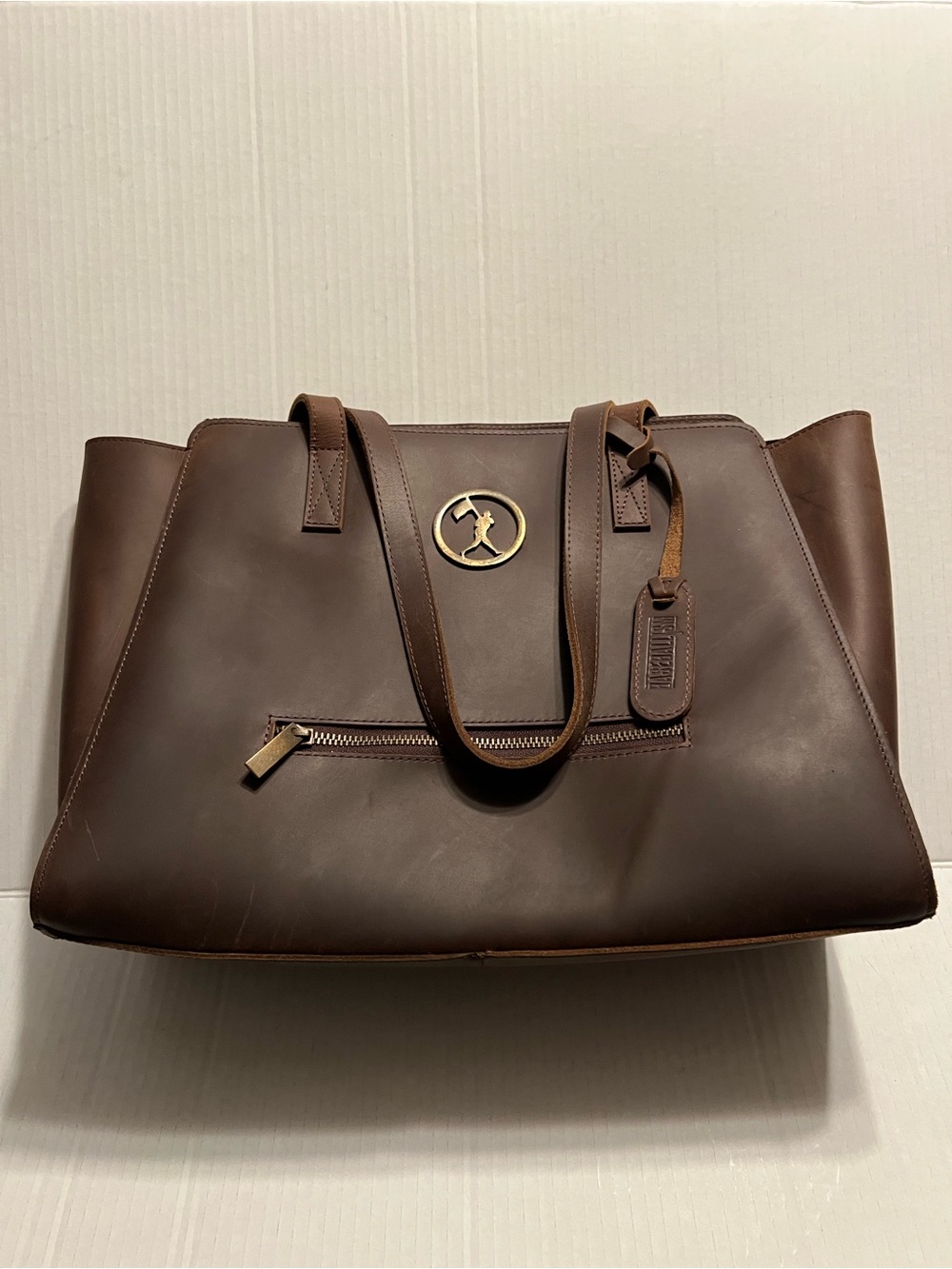 Baseballism chocolate brown leather tote bag with matching detachable clutch